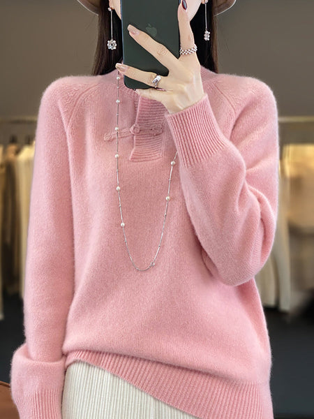 Women Autumn Vintage Half-Turtleneck 100%Wool Buckle Sweater BA1040 Genistyle Shop