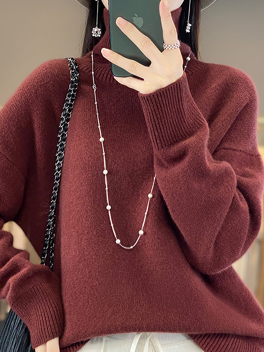 Women Autumn Casual Turtleneck Solid 100%Wool Sweater QU012 BK