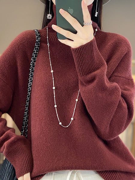 Women Autumn Casual Turtleneck Solid 100%Wool Sweater QU012 BK