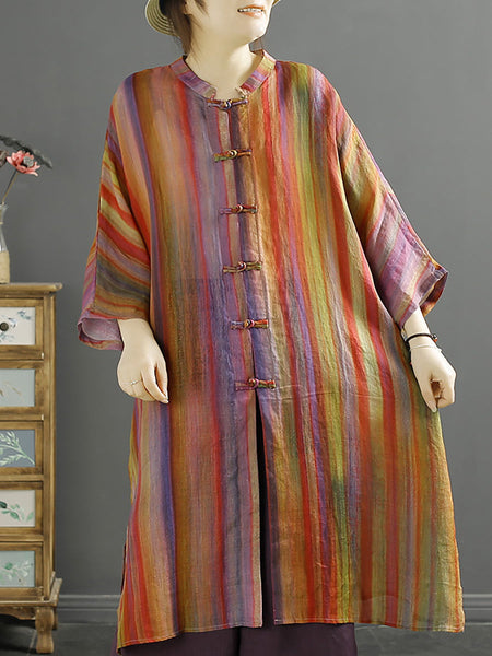 Plus Size Women Summer Stripe Button-up 100%Ramie Shirt Coat KL1032 Ada Fashion