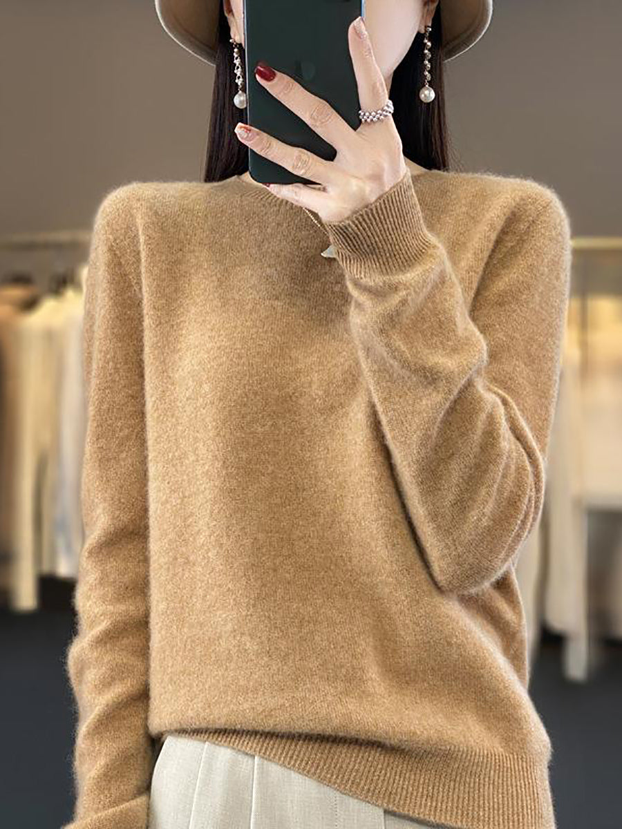 Women Autumn Solid Knit 100%Wool O-Neck Sweater WU023 BK