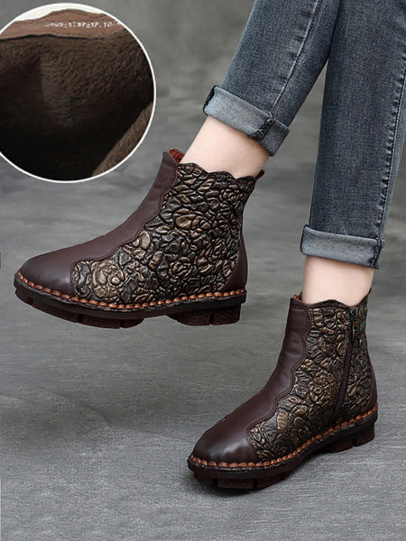 Women Retro Flower Leather Spliced Zipper Low Heel Boots AT1067 RXMY
