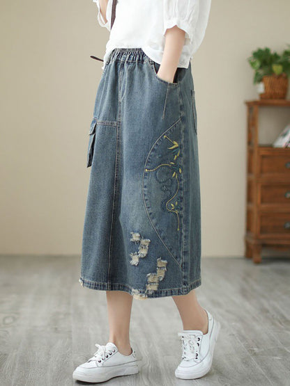 Women Summer Flower Embroidery Frayed Denim Skirt AS1041 Ada Fashion