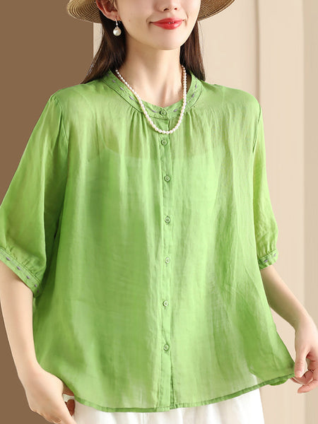 Women Summer O-Neck Embroidery Button-up Ramie Shirt PP1035 BUYKUD