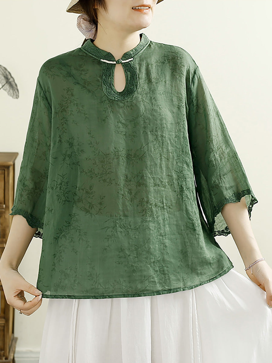 Women Summer Ethnic Floral Embroidery Thin Ramie Shirt HH041 LSFZ