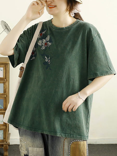 Women Summer Artsy Flower Embridery Cotton Shirt RR1012 BUYKUD