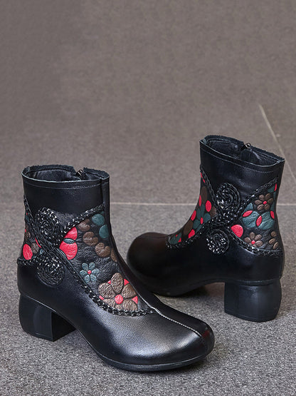 Women Ethnic Winter Flower Spliced Leather Mid-Heel Boots AI1013 MXXZ