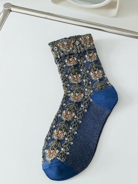 5 Pairs Women Artsy Floral Jacquard Cotton Socks AS1030 BUYKUD
