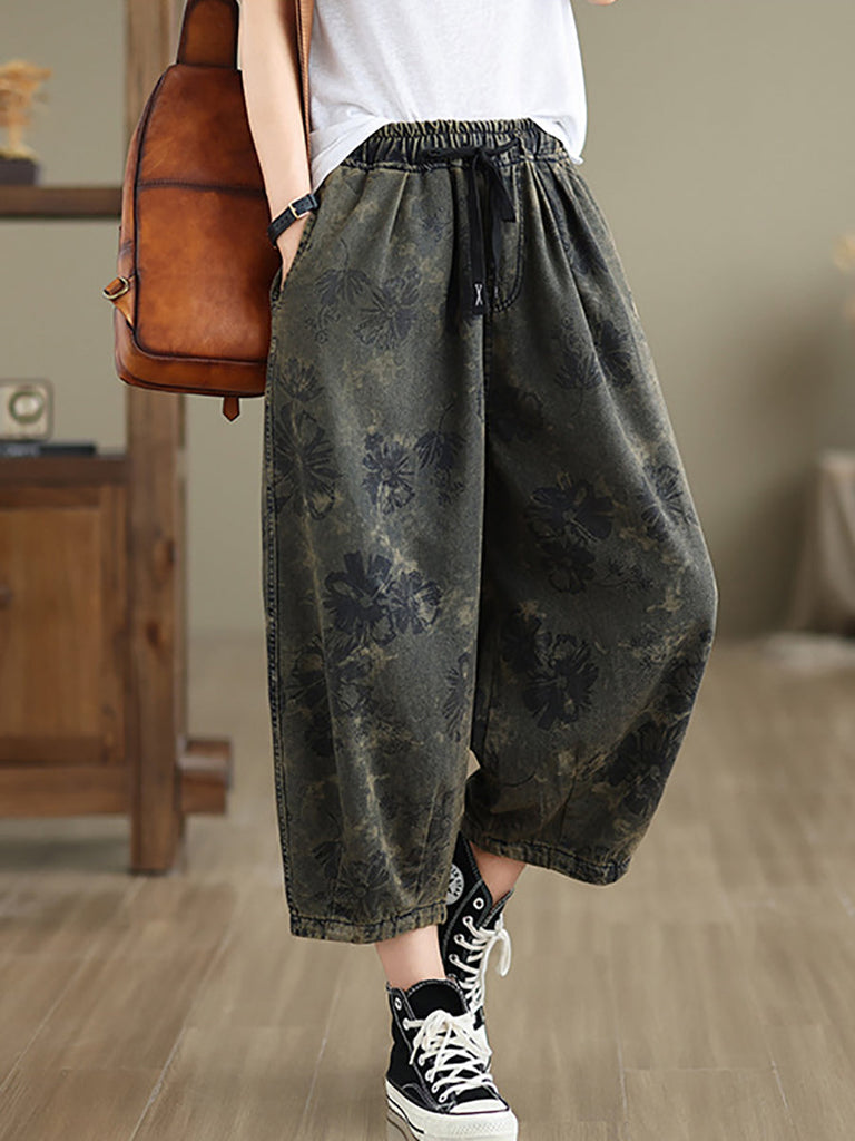 Women Summer Retro Flower  Denim Loose Pants II1003 BUYKUD