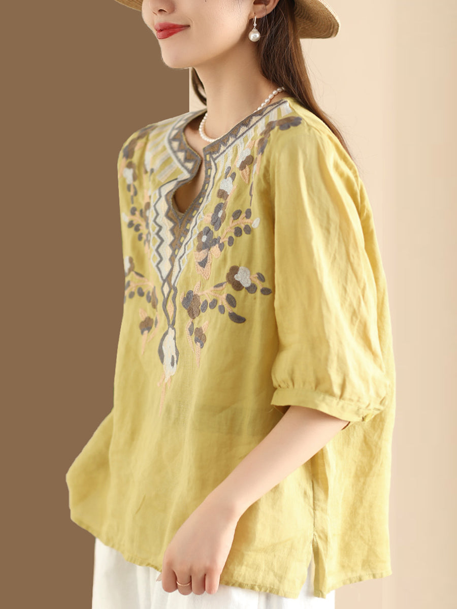 Women Summer Ethnic Flower Embroidery Ramie Shirt TY1006 Ada Fashion