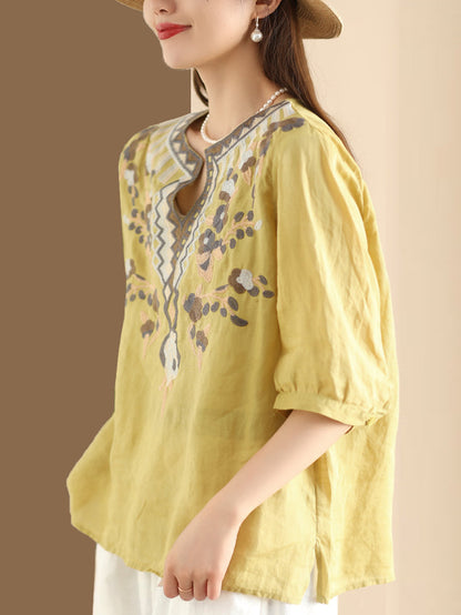 Women Summer Ethnic Flower Embroidery Ramie Shirt TY1006 Ada Fashion