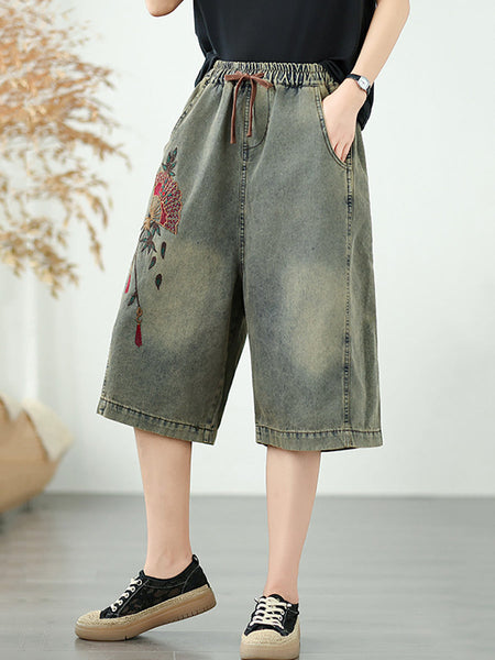 Straight Embroidery Women Denim Fifth Pants Flower Retro FashionChic