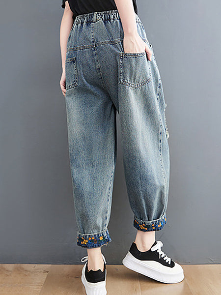 Women Artsy Embroidery Frayed Denim Harem Pants FD006 ZMFS