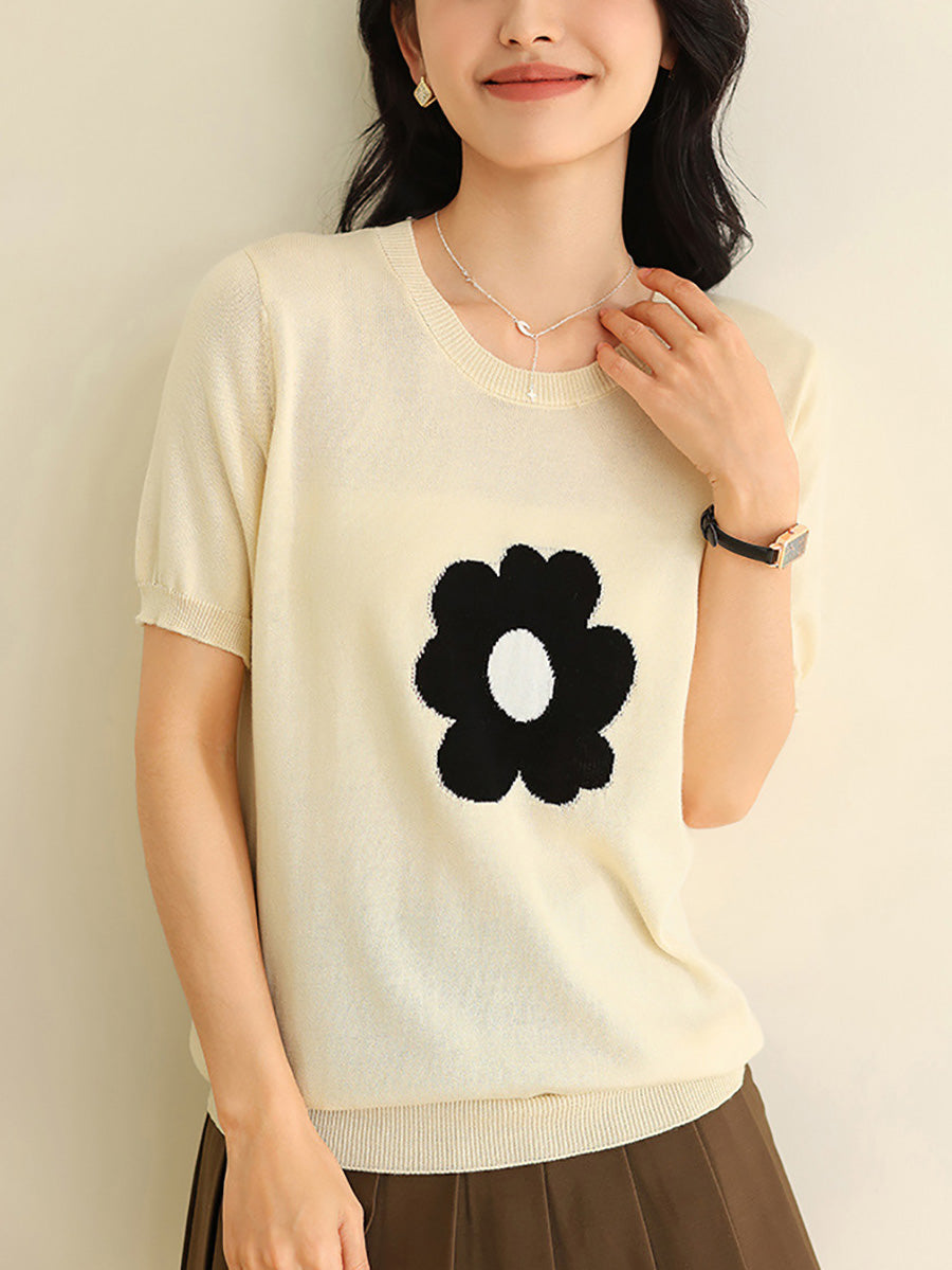 Women Summer Casual Flower Knitted Shirt KL1038 Ada Fashion