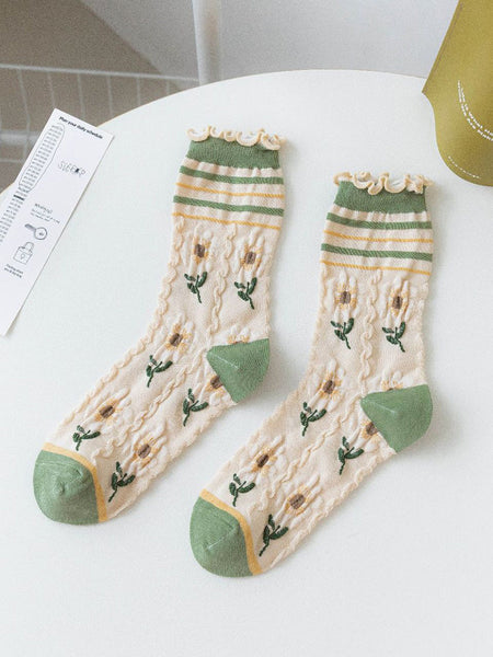 5 Pairs Women Artsy Flower Green Mid-Calf Socks IO1011 Ada Fashion