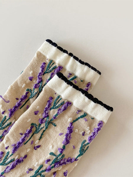 5 Pairs Women Flower Jacquard Colorblock Cotton Socks AH1024 ZJHK