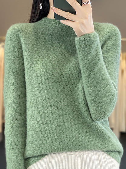 Women Autumn Casual Solid Knit 100%Wool O-Neck Sweater WU010 BK