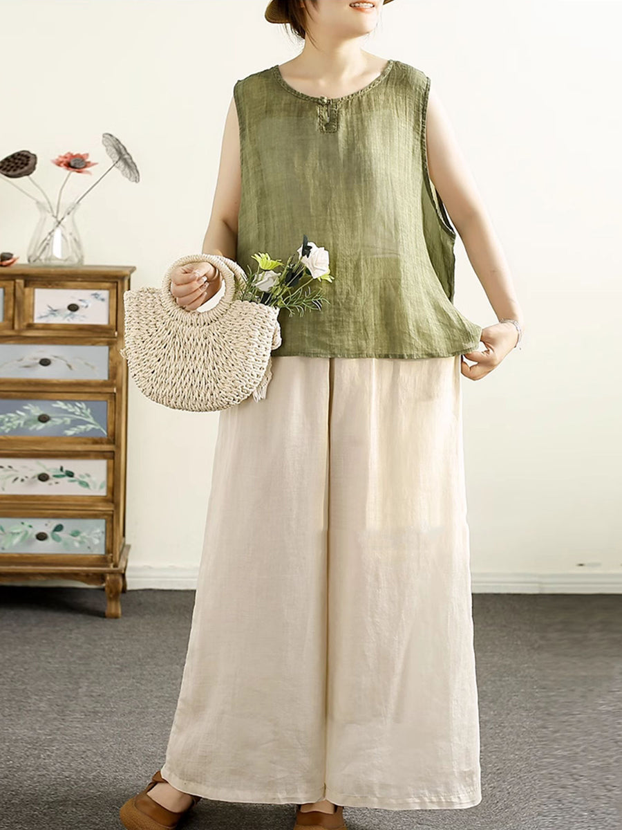 Women Summer Vintage Solid O-Neck Ramie Vest OO1044 QYZY