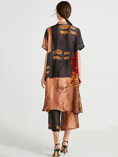 Plus Size Women Artsy Flower Spliced Long Shirt+Pants HH053 BK