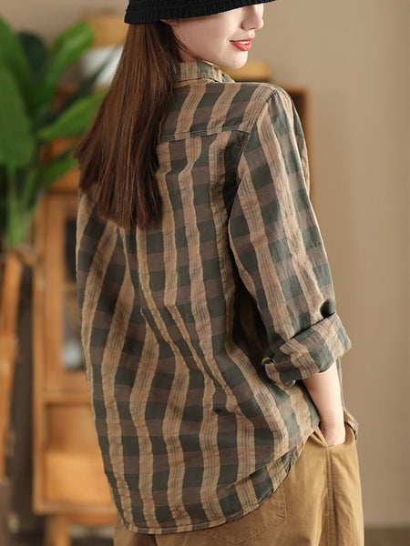 Women Autumn Vintage Plaid Button-up Linen Blouse AT1038 ZMMM
