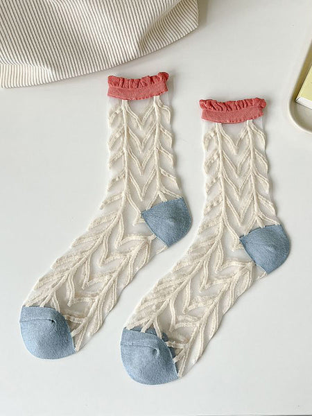5 Pairs Women Artsy Summer Flower Jacquard Thin Socks CX040 BUYKUD