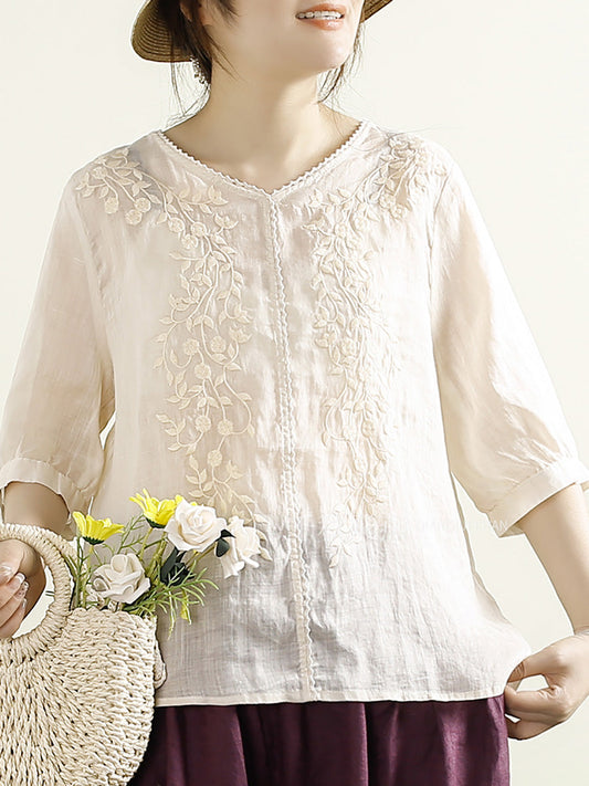 Women Summer Artsy Embroidery V-Neck Ramie Shirt PP1020 ZMMM