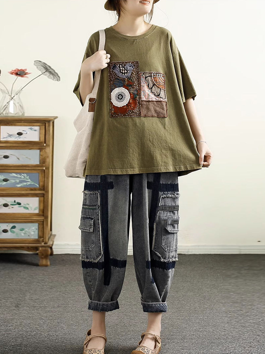 Women Summer Vintage Patch Spliced O-Neck Cotton Shirt HH039 ZMMM