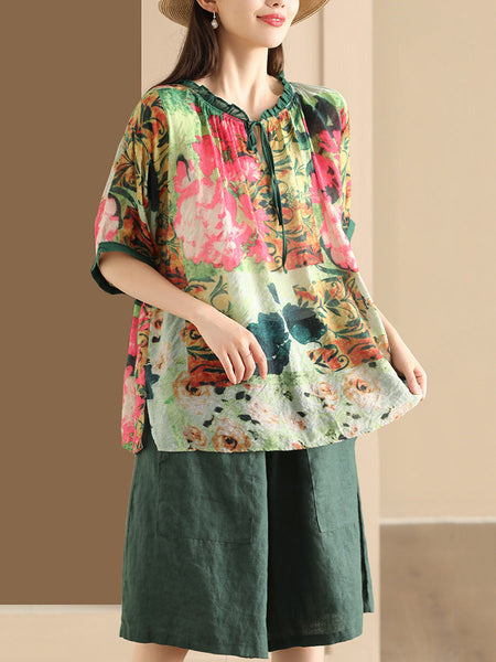 Women Summer Artsy Print Strap Loose Linen Shirt HH046 JLFZ