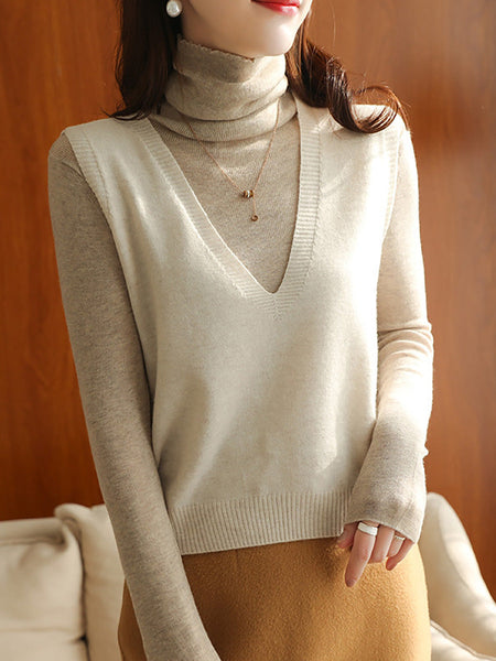 Women Casual Wool Solid V-Neck Knit Vest AK1045 Genistyle Shop
