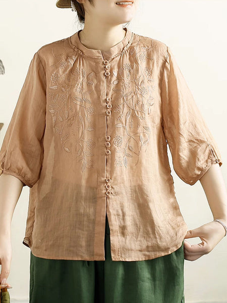 Women Summer Artsy Embroidery Button Ramie Shirt II1043 BUYKUD