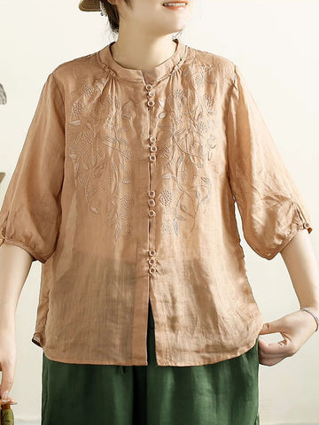 Women Summer Artsy Embroidery Button Ramie Shirt II1043 BUYKUD