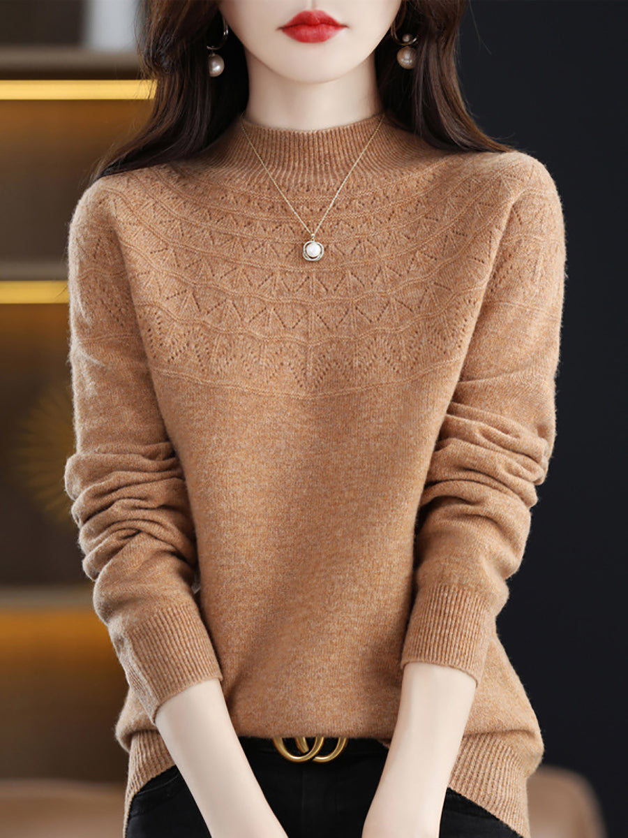 Women Autumn Solid Cable Knit 100%Wool Half Turtleneck Sweater QN017 BK