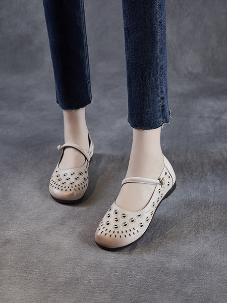 Genuine Shoes Women Summer Hollow Out Heel Low Leather FashionChic