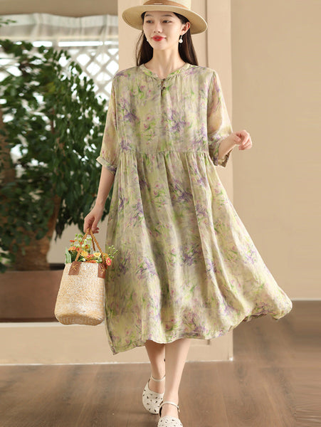 Women Summer Artsy Floral V-Neck Loose Ramie Dress LL020 ZMMM