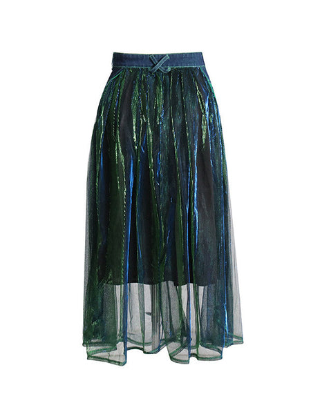 Stylish Denim With Belted Patchwork Blue Green Tulle A-Line Skirt TT1038 shopify