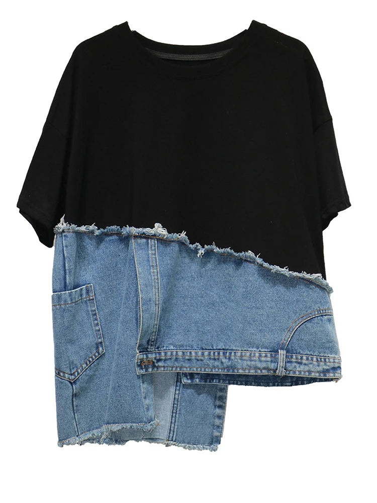 Denim Street Patchwork Sleeve White Short T-Shirt O-neck Hem FashionChic