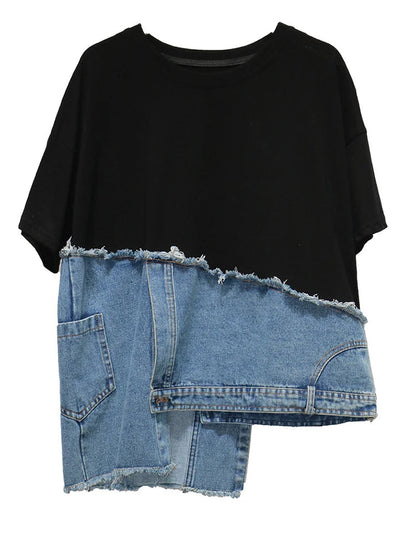 Denim Street Patchwork Sleeve White Short T-Shirt O-neck Hem FashionChic