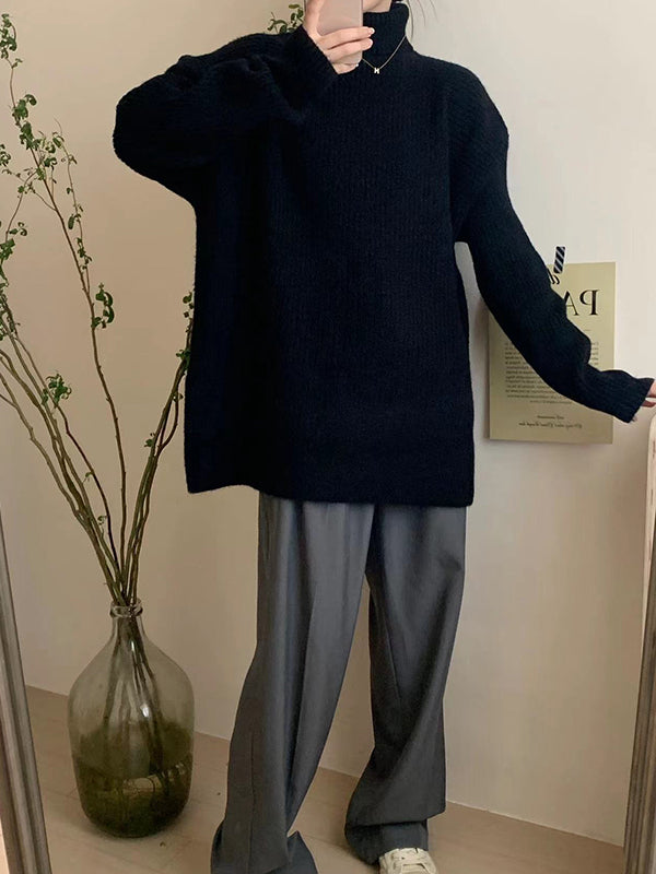 Simple Blue High Neck Split-Side Long Sleeve Sweater QX013 shopify