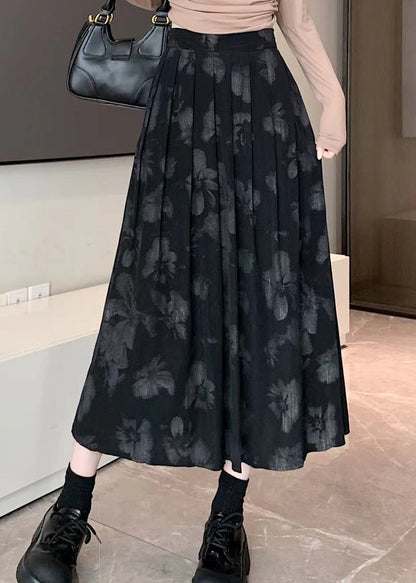 New Retro Black Print High Waist Cotton Pleated Skirt Spring TT1035 shopify