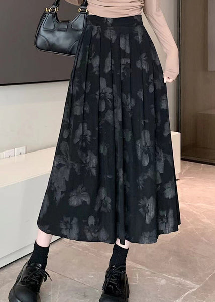 New Retro Black Print High Waist Cotton Pleated Skirt Spring TT1035 shopify