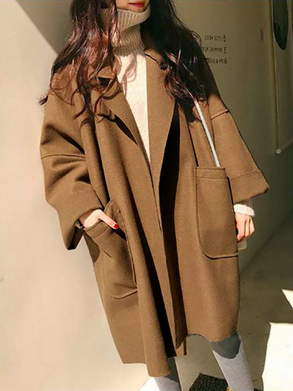 Elegant Loose Khaki Notched Collar Buttoned Pockets Long Sleeves Woolen Coat WS013 shopify