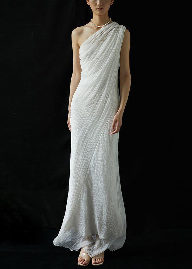 Wrinkled Solid Shoulder Dress Silk Cold Maxi Summer Art White FashionChic