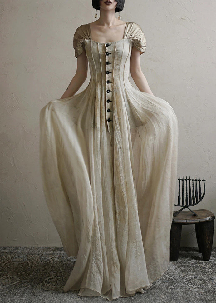 Square Button Collar Summer Vintage Long Dress FashionChic