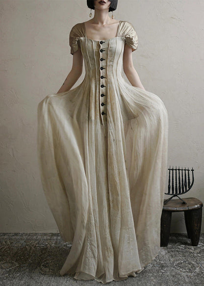 Square Button Collar Summer Vintage Long Dress FashionChic