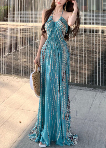 Print Dress Sleeveless Backless Blue Vacation Cotton Stylish FashionChic