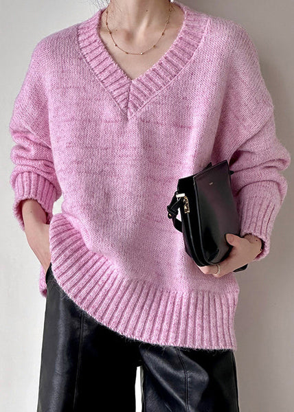 Loose Pink V Neck Hollow Out Cotton Knit Sweater Fall AF1091 HS-NTP240914