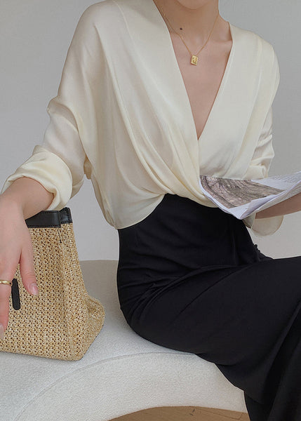 2024 New Chic Beige V Neck Chiffon Shirts Batwing Sleeve EE034 shopify