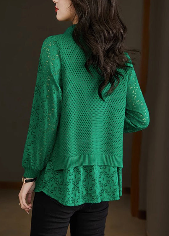 Style Green Peter Pan Collar Fake Two Pieces Lace Patchwork Knit Sweater Fall WD026 OL-NTP241103