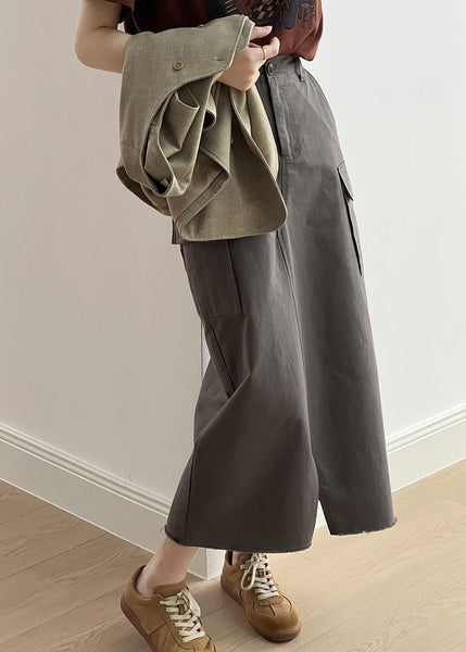 Fine Khaki Pockets High Waist Side Open Cotton Skirt Fall QC024 shopify