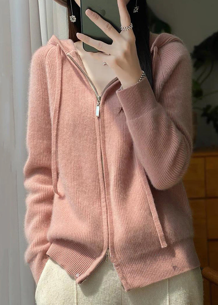 Elegant Pink Hooded Zip Up Wool Knit Coat Fall QX034 shopify